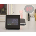 Black digital weather station with silver trim projection feature displaying red led time for home electronic clock use