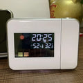 White rectangular digital weather station with silver frame displaying time temperature humidity and forecast home electronic clock