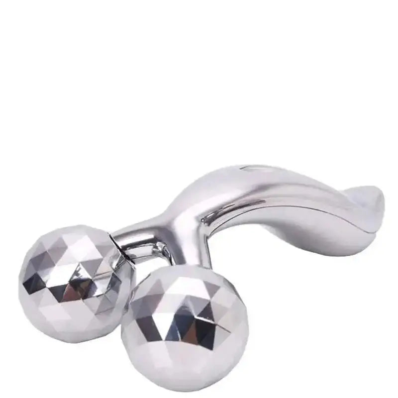 Silver facial roller massage device with two faceted gemstone-like spheres and a sleek curved handle for facial massage
