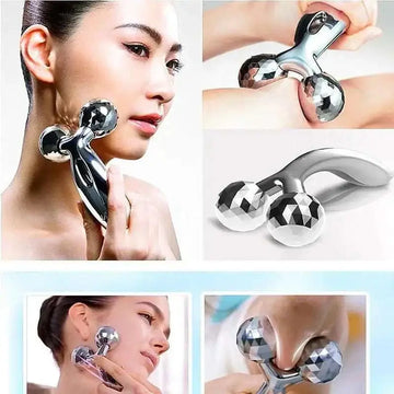 Silver facial roller massage device with two faceted gemstone-like spheres and a sleek metallic handle