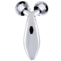 Silver facial roller massage device featuring two faceted gemstone-like spheres and a sleek polished handle