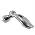 Silver facial roller massage device with two faceted gemstone-like spheres and a sleek curved handle
