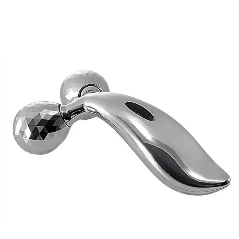 Silver facial roller massage device with two faceted gemstone-like spheres and a sleek curved handle