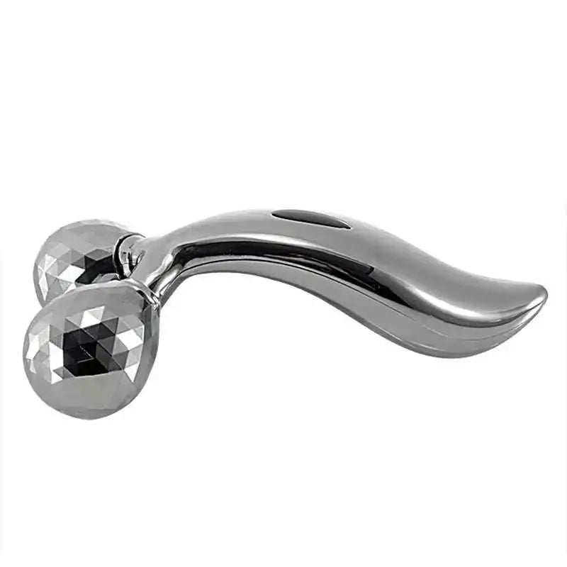Silver facial roller massage device with two faceted gemstone-like spheres and a sleek curved handle for facial massage