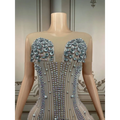 A silver feathered hips sleeveless long gown with iridescent beaded corset and crystal embellishments for nightclub bar