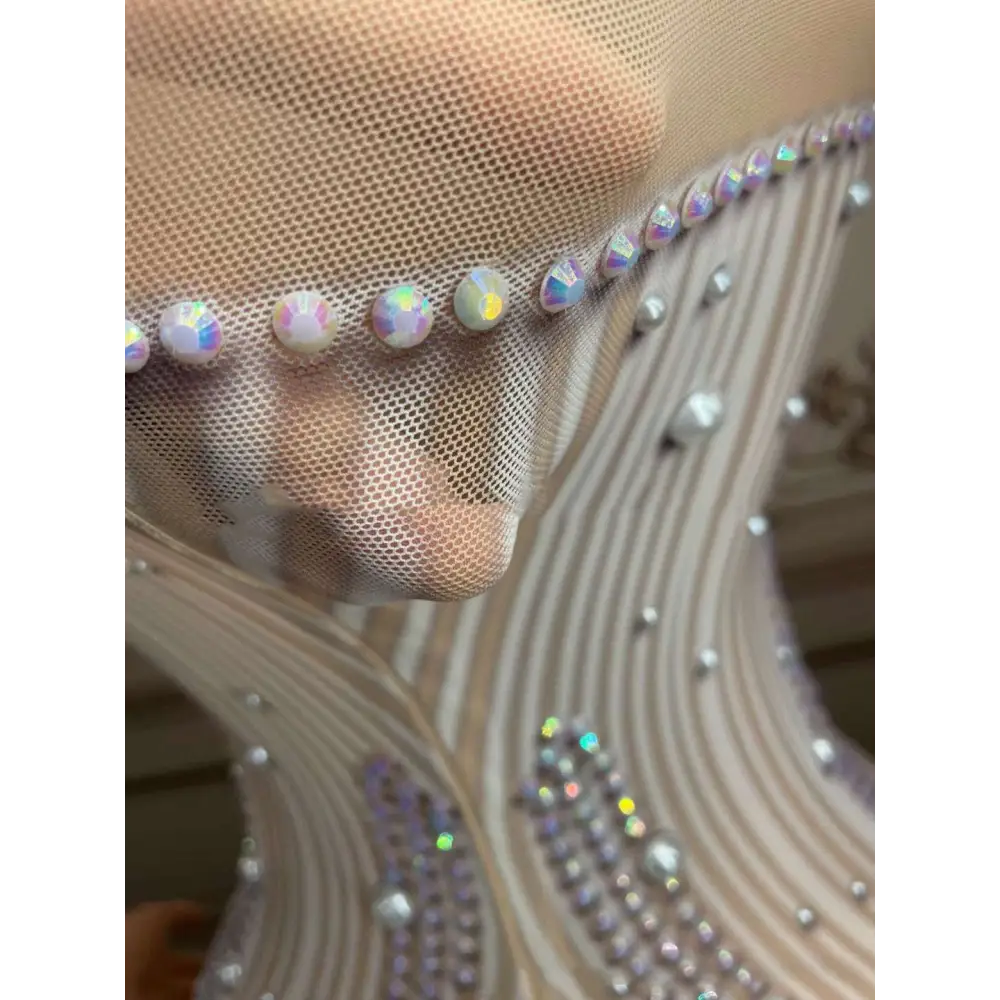 A sleeveless long gown with a sheer beige mesh bodice and iridescent rhinestones for silver feathered hips nightclub