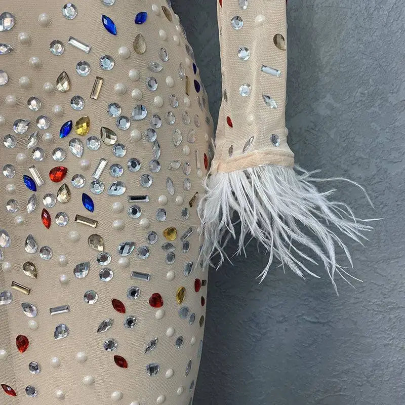 Beige rhinestone mesh stretch slim dress with colorful rhinestones and silver feathered rhinestone sleeve detail