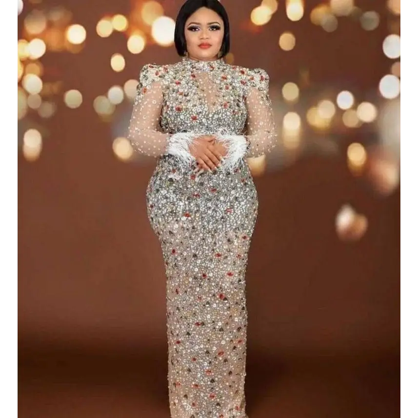 A silver feathered rhinestone mesh stretch slim dress featuring intricate floral patterns and sheer long sleeves with feathered cuffs