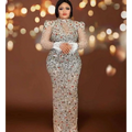 A silver feathered rhinestone mesh stretch slim dress featuring intricate floral patterns and sheer long sleeves with feathered cuffs