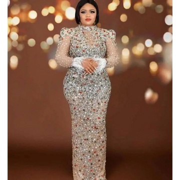 A silver feathered rhinestone mesh stretch slim dress featuring intricate floral patterns and sheer long sleeves with feathered cuffs