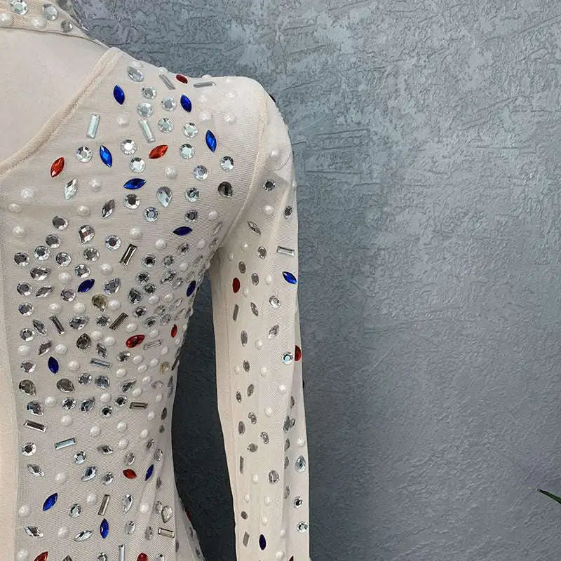 Silver feathered rhinestone mesh stretch slim dress in off-white with multicolored rhinestone embellishments