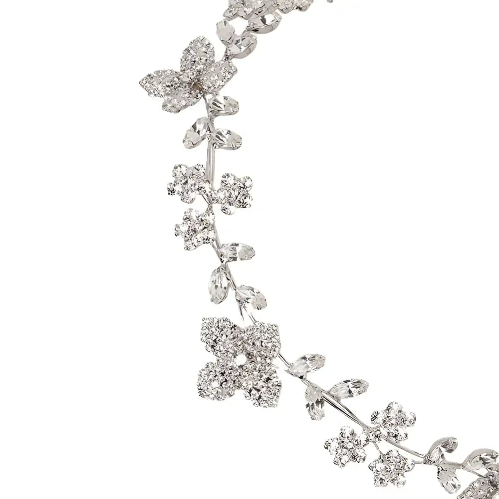 Silver floral crystal zircon hair band adorned with delicate silver-toned butterflies and flowers along a slender vine