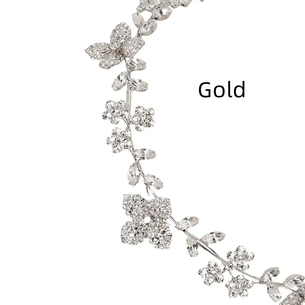 Silver floral crystal zircon hair band adorned with gold-toned delicate leaves and sparkling clear crystals