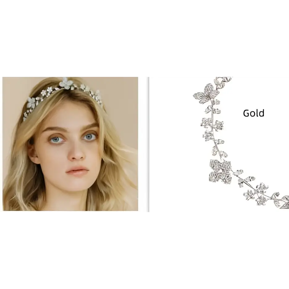Gold-colored delicate silver floral crystal zircon hair band adorned with sparkling crystals and pearls for hair styling