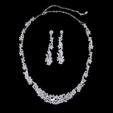 Silver-toned crystal silver floral jewelry necklace earrings set with intricate floral design and matching drop earrings