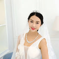 A delicate silver tiara with sparkling crystals and lace detail complements a silver floral jewelry necklace earrings set