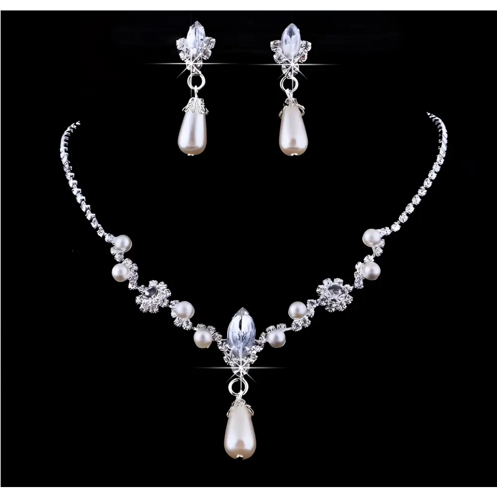 Silver floral personality dropspearl necklace set featuring silver crystal and pearl with floral designs and teardrop pendants