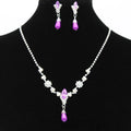 Elegant purple and silver crystal dropspearl necklace set with dangling teardrop pendants in silver floral personality design