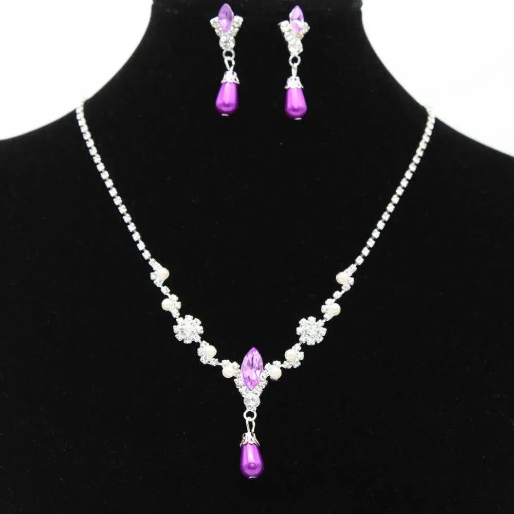 Elegant purple and silver crystal dropspearl necklace set with dangling teardrop pendants in silver floral personality design