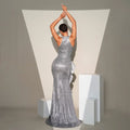 Shimmering silver banquet sequined sheath dress with high neckline and fitted mermaid silhouette for formal events