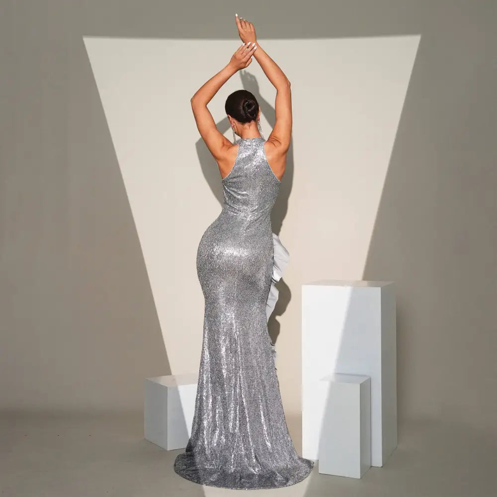 Shimmering silver banquet sequined sheath dress with high neckline and fitted mermaid silhouette for formal events