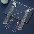 Silver floral shaking hairpin with intricate floral designs and clear crystal chain tassels in ancient style set