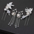 Silver floral shaking hairpin set featuring butterfly design with pearls crystals and dangling chains in ancient style
