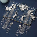 Silver floral shaking hairpin ancient style set with dangling chain tassels and pearl accents in silver metal
