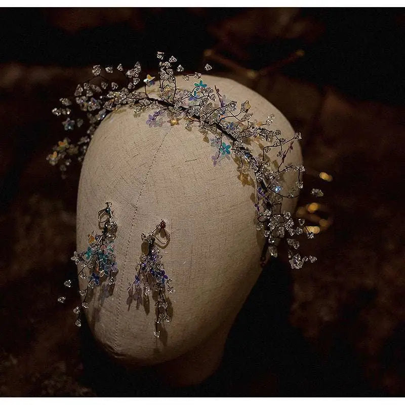 Delicate silver floral super fairy dream crystal hair hoop with clear crystals and blue purple gold floral accents
