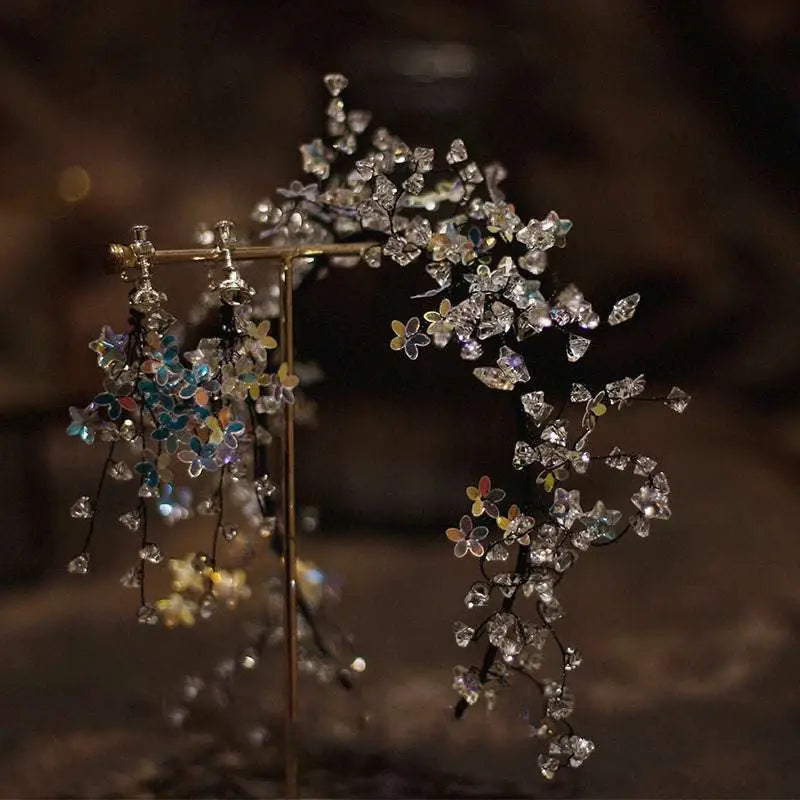 Silver floral super fairy dream crystal hair hoop with clear iridescent crystal flowers on gold-toned frame