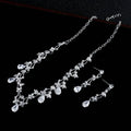 Silver floral zircon necklace earrings korean set in silver tone with intricate vine design and sparkling clear crystals