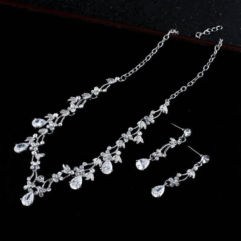 Silver floral zircon necklace earrings korean set in silver tone with intricate vine design and sparkling clear crystals