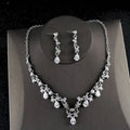 Silver floral zircon necklace earrings korean set featuring a silver floral necklace with dangling teardrop crystals and matching earrings