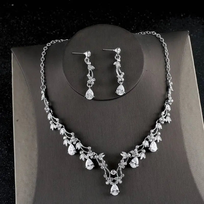 Silver floral zircon necklace earrings korean set featuring a silver floral necklace with dangling teardrop crystals and matching earrings