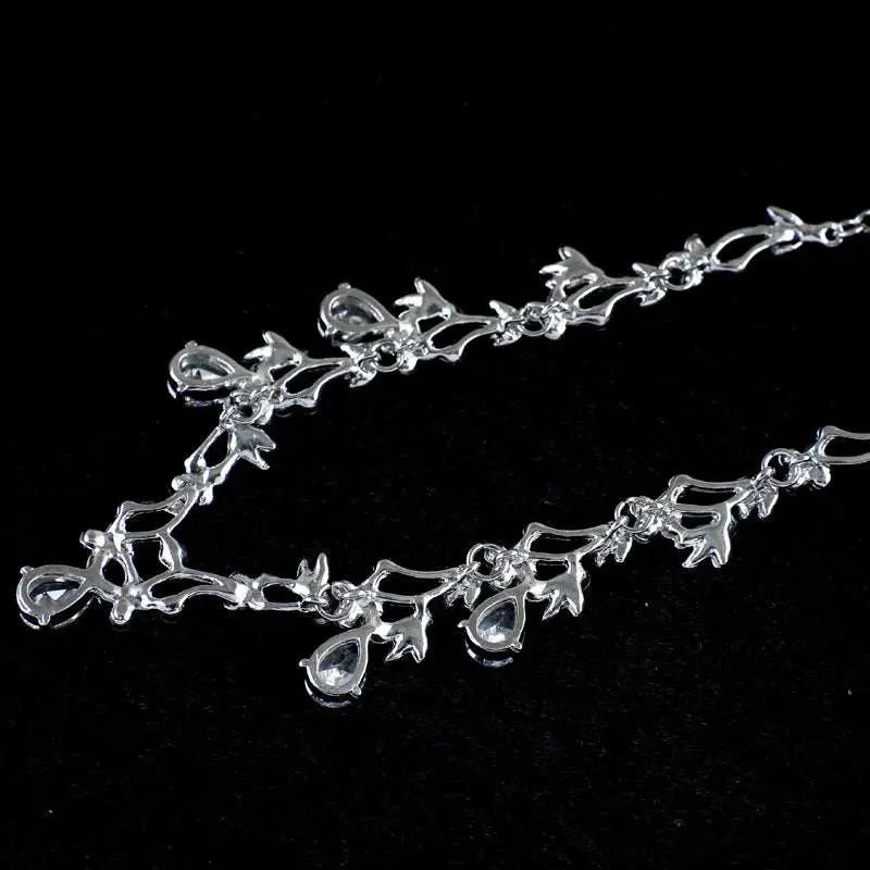 Silver floral zircon necklace earrings korean set featuring silver leaf and teardrop pendant with clear crystal accents
