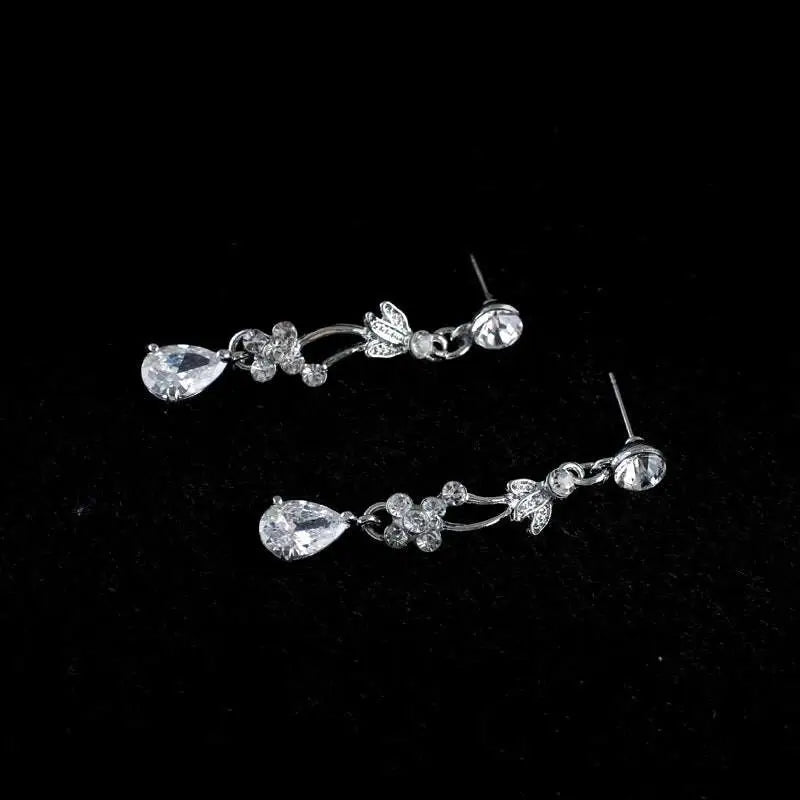 Silver floral zircon silver dangle earrings korean set with teardrop crystal and delicate floral design with post back