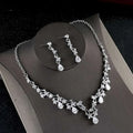 Silver floral zircon necklace earrings korean set with silver vine design and dangling teardrop crystals on delicate chain