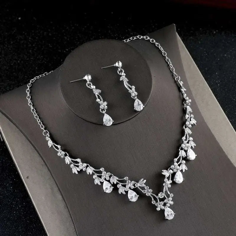 Silver floral zircon necklace earrings korean set with silver vine design and dangling teardrop crystals on delicate chain