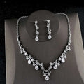 Silver floral zircon necklace earrings korean set with silver-toned chain and sparkling teardrop leaf crystals