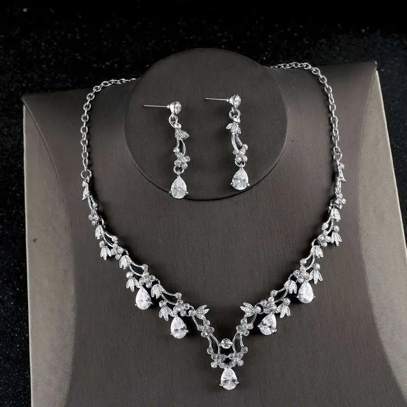 Silver floral zircon necklace earrings korean set with silver-toned chain and sparkling teardrop leaf crystals