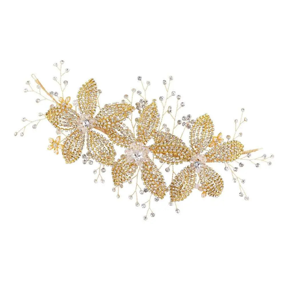 Gold-toned floral hair accessory with sparkling crystals and delicate wirework for silver flower rhinestone hair styles