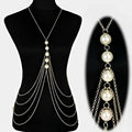 Silver graduated pearl body chain featuring five white pearls suspended on delicate circular rings in silver chain jewelry