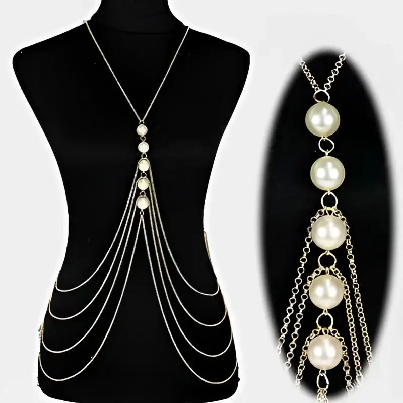 Silver graduated pearl body chain featuring five white pearls suspended on delicate circular rings in silver chain jewelry