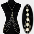 Silver graduated pearl body chain jewelry featuring multiple rows of cream-colored pearls on a silver chain