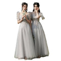 Elegant silver gray tulle beaded sisters dress female with delicate puff sleeves and sparkling embellishments