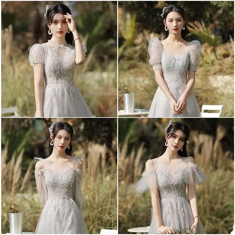 A delicate silver gray tulle beaded sisters dress female featuring light gray lace with puffy sleeves and intricate beading