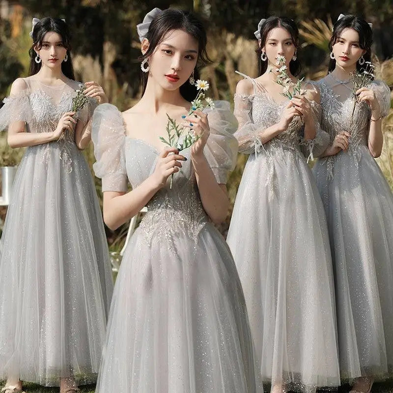 Elegant silver gray tulle sisters dress female with sparkling sequin embellishments and puffy short sleeves