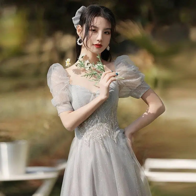 Silver gray tulle sisters dress female featuring delicate gray tulle beaded bodice and puffy short sleeves