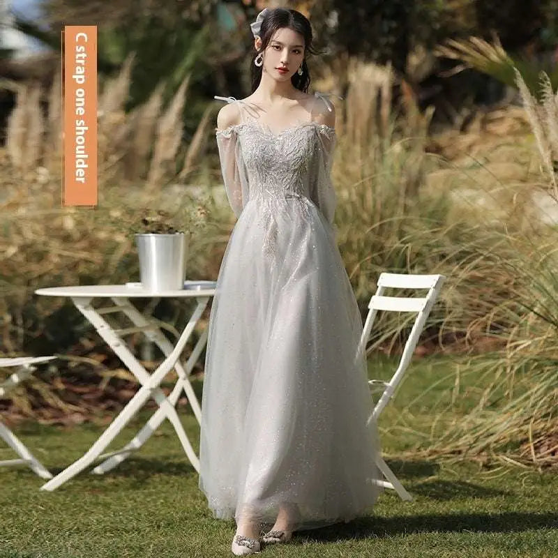 Silver gray tulle beaded sisters dress female featuring a shimmering off-the-shoulder gown with lace and sheer sleeves