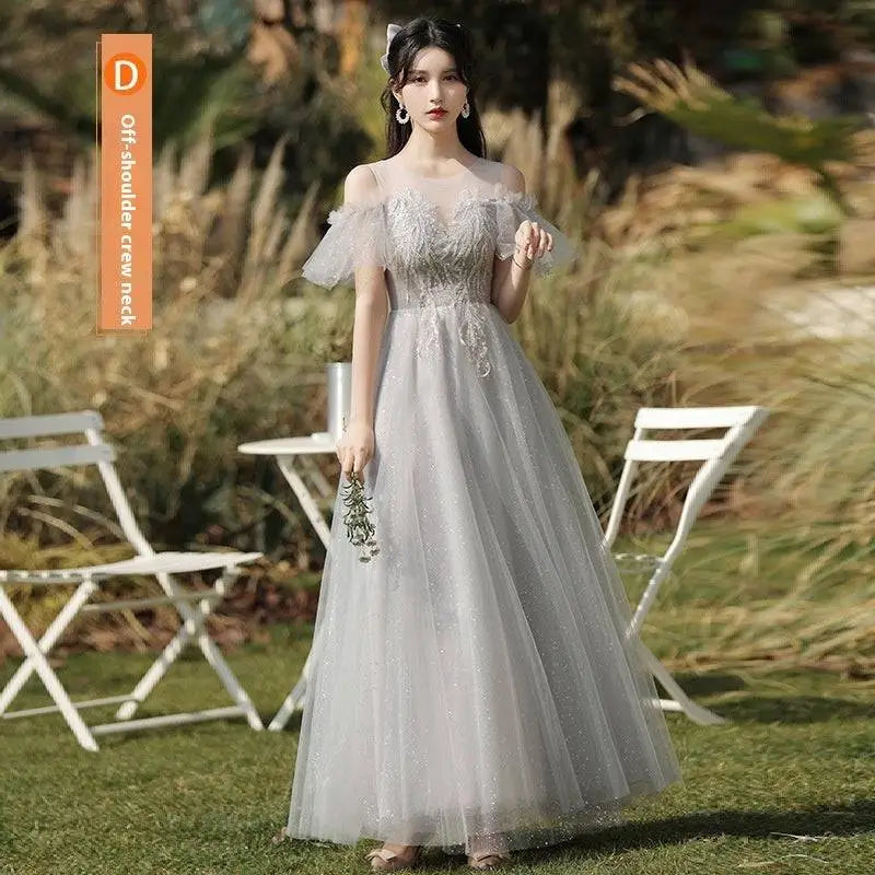 A silver gray tulle beaded off-shoulder sisters dress female with intricate lace and flowing tulle skirt
